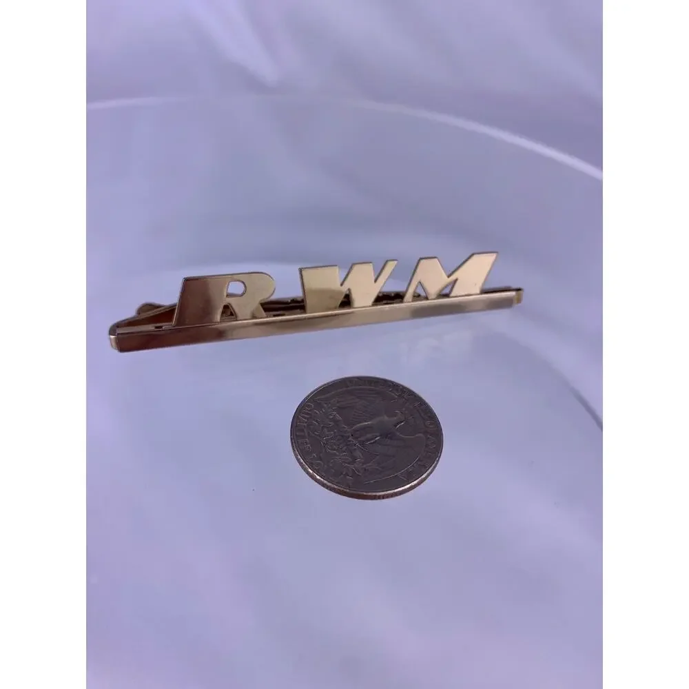 R W M Initial Gold Tone Tie Clip Bar Monogram Large Mid Century Block Vintage